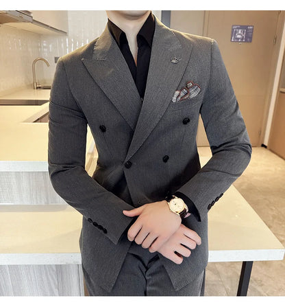 (Blazer + Trousers) Fashion Double Breasted Design Slim Men's Suit Italian Style Luxury Wedding Social Party Tuxedo 2 Piece Set