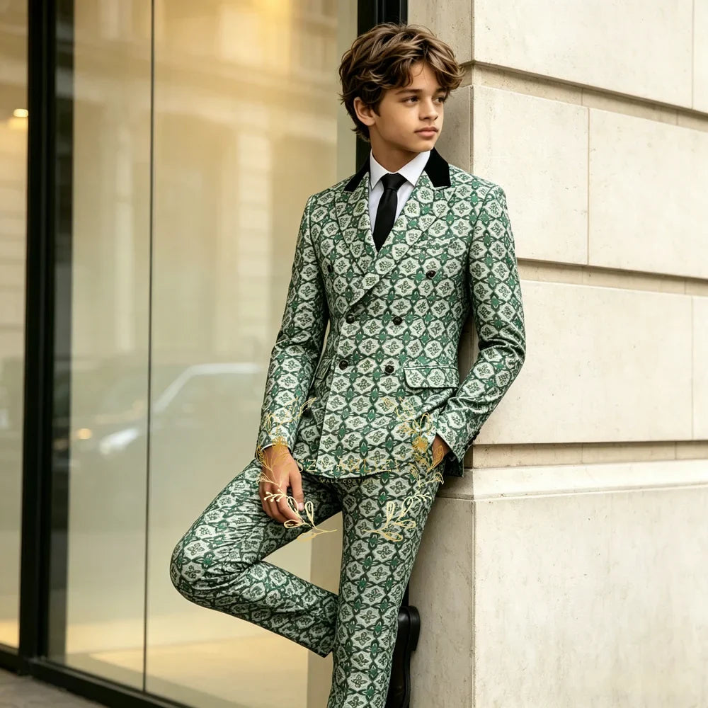 Green Floral Double Breasted Formal Boys Suit Set Peaked Lapel Wedding Birthday Party Tuxedo Costume Kids Blazer Pants Clothes