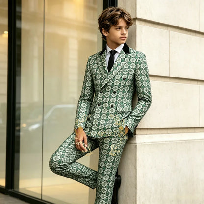 Green Floral Double Breasted Formal Boys Suit Set Peaked Lapel Wedding Birthday Party Tuxedo Costume Kids Blazer Pants Clothes