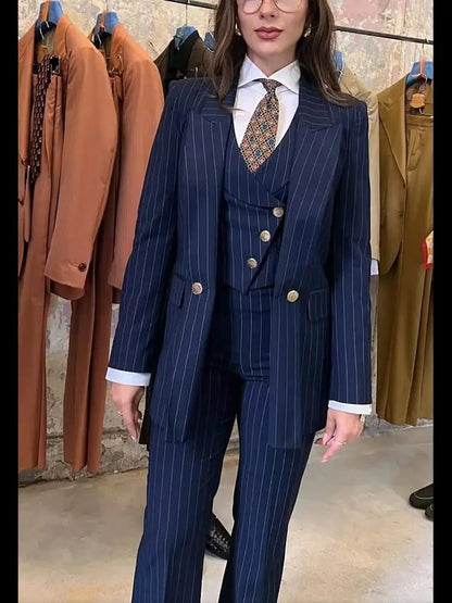 Navy Blue Striped Suit For Women Stylish Single Button Peak Lapel Elegant Outfit Business Meeting Office Formal Set Three Pieces