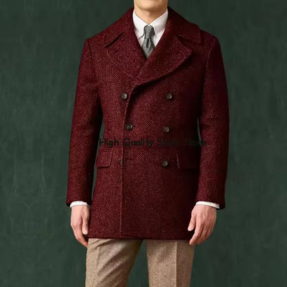 Men's Herringbone Tweed Overcoat Double-Breasted Wide Lapel Wool Blend Formal & Wedding Coat