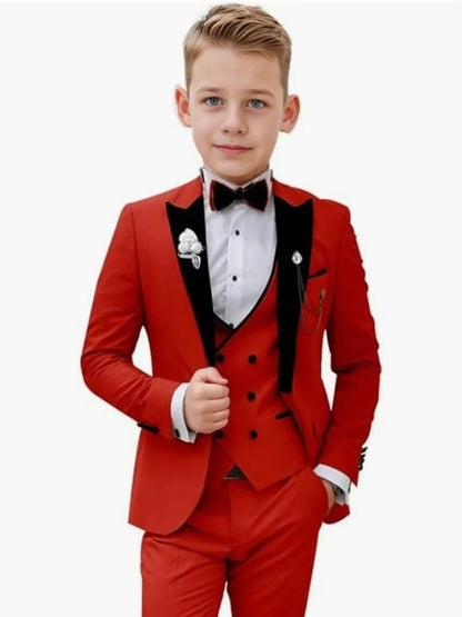 2026 Newest Multi Colors Boys Slim Fit Suits 3 Pieces Wedding Ring Bearer Outfit Chic Velvet Collar Kids Suit Set Party Tuxedo