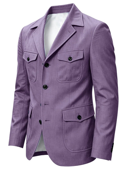 Men's Linen Safari Blazer Four Flap Pockets Slim Soft Jacket Casual Business Coat For Street Outdoor Vacation Party Daily Travel