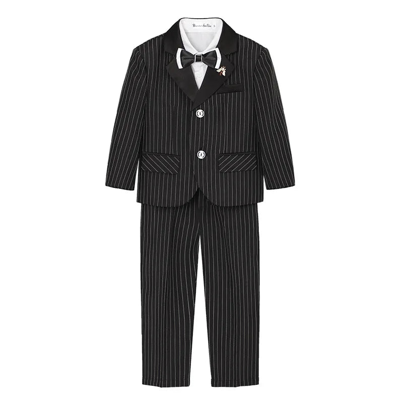1-11Years Boys Spring Autumn Striped Suit Set Kids Formal Wedding Birthday Party Wear With Jacket Pants Bowtie Brooch