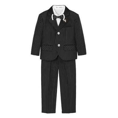 1-11Years Boys Spring Autumn Striped Suit Set Kids Formal Wedding Birthday Party Wear With Jacket Pants Bowtie Brooch