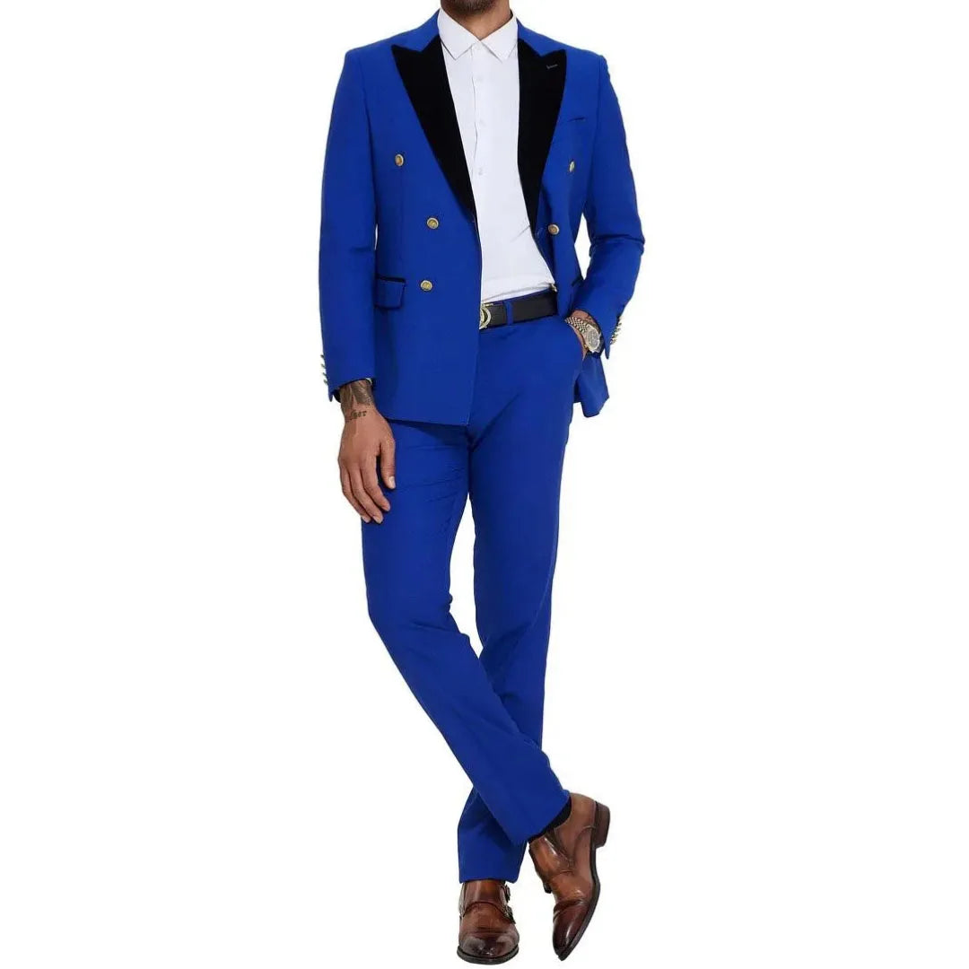 Men Suit 2 Pieces Royal Blue With Black Lapel Double Button For Wedding Business Banquet Party Office Daily Work Jacket And Pant