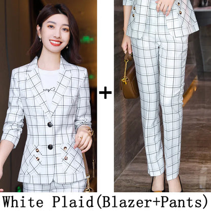 Plaid Women Suits Office Sets 2023 Vintage Long Sleeve Single Button Silm Blazers Chic High Waist Casual Pants Suits