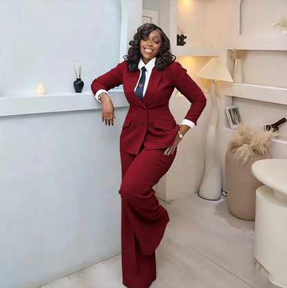 Classic Professional Burgundy Double Breasted Women's Suit Office Formal 2 Piece Jacket Pants Set Casual Daily Streetwear