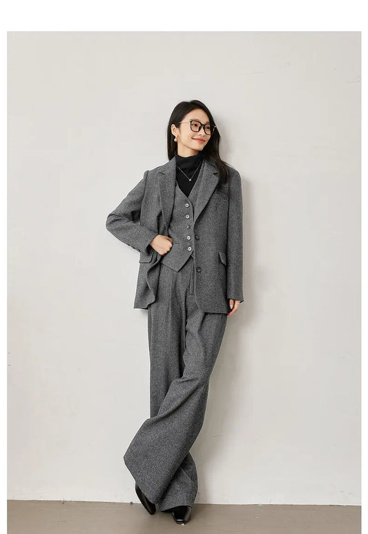 Dark Gray Wool Blend Blazer 2026 Autumn Winter New Fashion Office Lady Elegant Coat Casual Loose-fit Female Jackets M9353