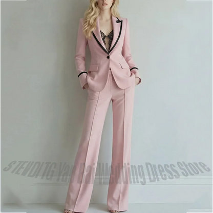 Blush Pink Women Pants Suit With Black Trim Single Button Peaked Lapel Blazer Outfit Elegant Formal Office Party Two Piece Set