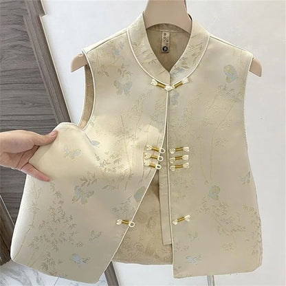 Chinese Style Vest Jacket Women's Spring Autumn 2026 New Sleeveless Coat New Buckle Thin Waistcoat Ladies Fashion Cardigan Tops