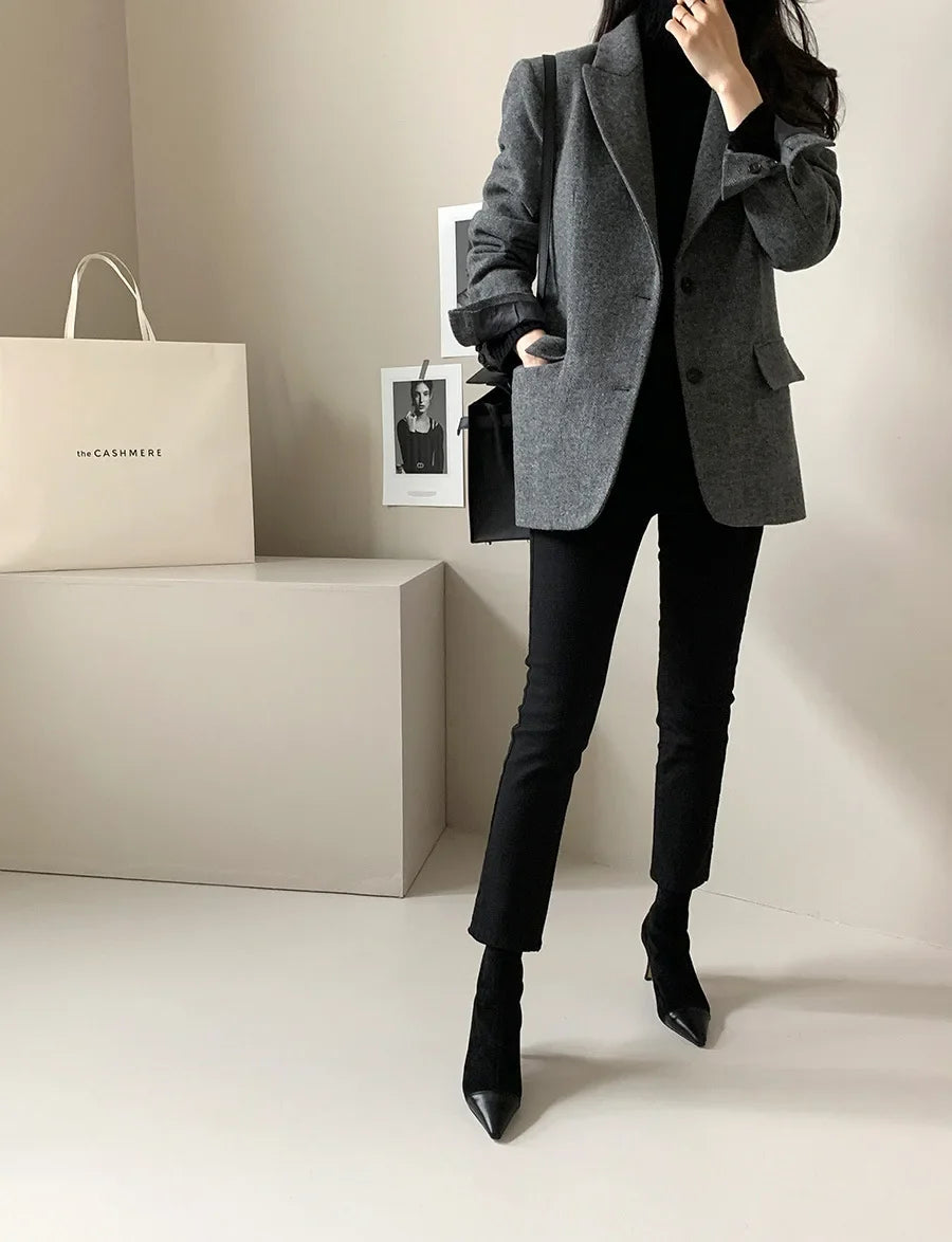 Women's Slim Fit Blazer Autumn Mid-Length Lapel Coat Contrast Cuff Detail Elegant Office & Commute Outerwear