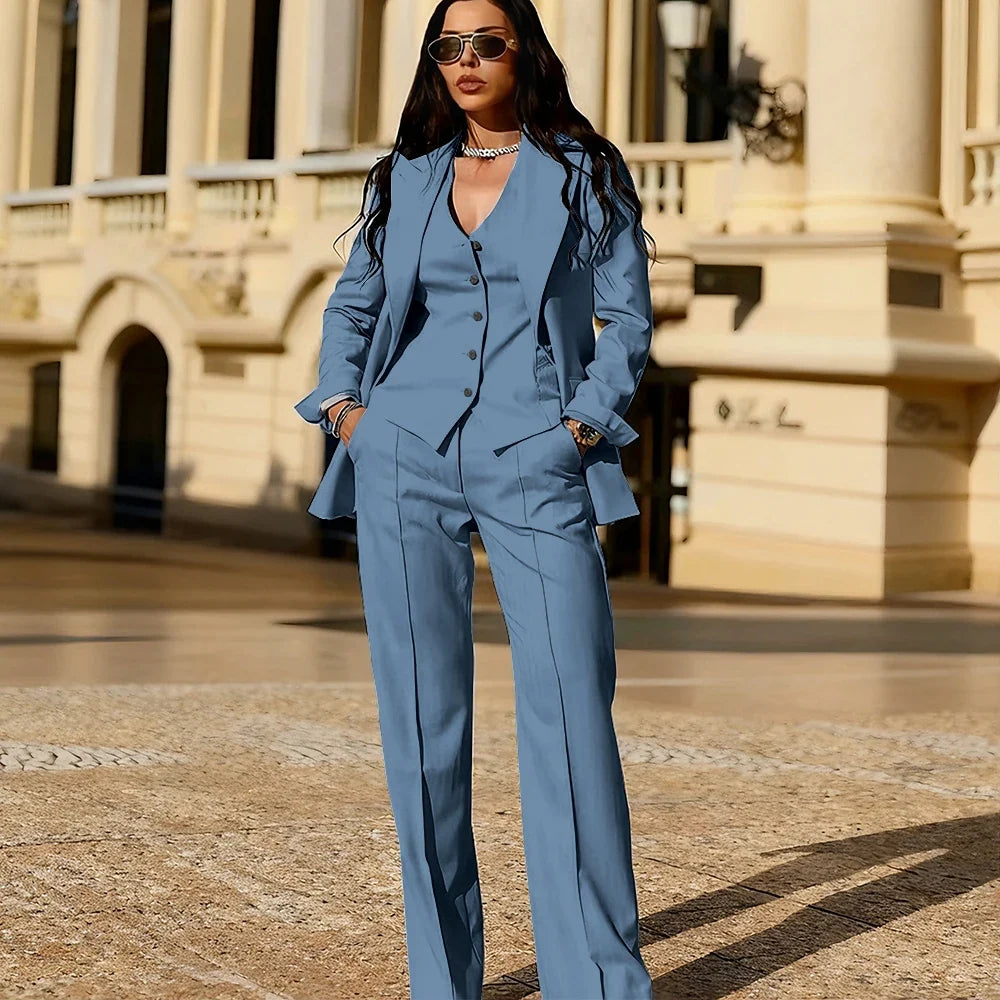 Light Blue 3 Piece Suit Set New Women's Jackets Single Breasted Peaked Lapel Blazer+Vest+Pants Formal Office Commute Outfit