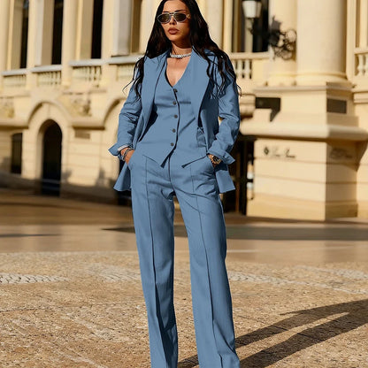 Light Blue 3 Piece Suit Set New Women's Jackets Single Breasted Peaked Lapel Blazer+Vest+Pants Formal Office Commute Outfit