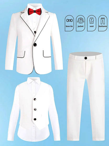 Boys Pink Spring 4Pieces/Set Blazer Vest Pants Bowtie Wedding Dress Kids Formal Photography Suit Children Performance Costume