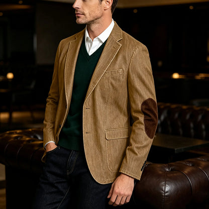 Men's Denim Blazer Suit with Suede Elbow Patches – Slim Fit, Casual & Business Wear