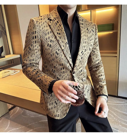 Korean Slim Fit Casual Suit Jacket for Men Fashion Camouflage Business Social Blazers Wedding Streetwear Dress Coat Men Clothing