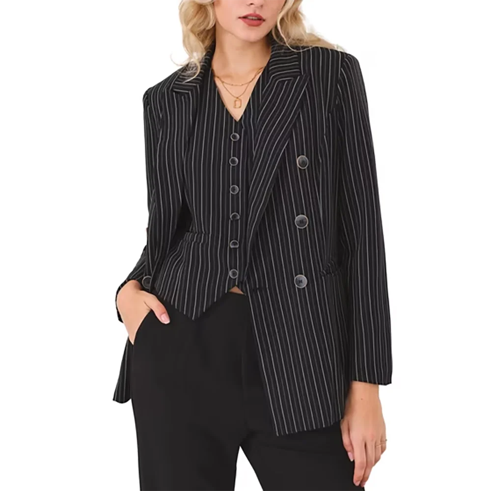 Mature Intellectual Women Black Pinstripe Suit Elegant Double Breasted Blazer Vest Flare Pants Office Business Formal Outfit