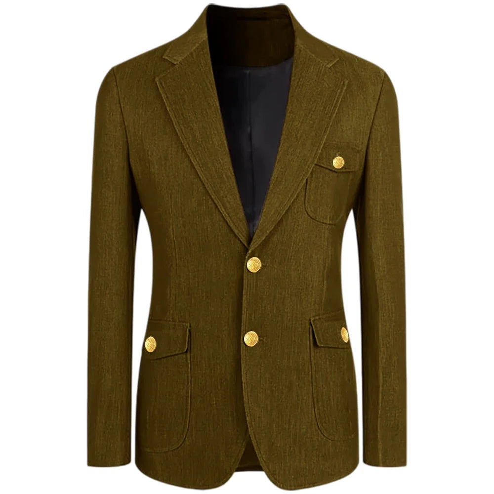 Men's Denim Suit Jacket Classic Notched Lapel Slim Fit Gold Buttons Multiple Pockets Formal Blazer Business Casual Daily Wear