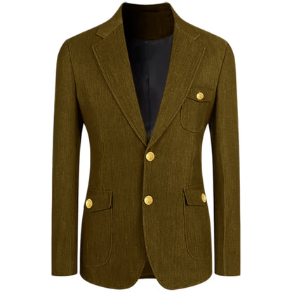 Men's Denim Suit Jacket Classic Notched Lapel Slim Fit Gold Buttons Multiple Pockets Formal Blazer Business Casual Daily Wear