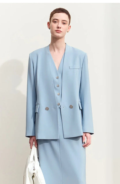 Minimalism Blazers For Women 2026 Autumn New Commuter V-neck Heart-shaped Buckle Shoulder-pad Professional Jackets 12453042