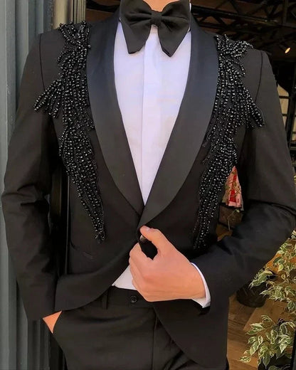 Luxury Men's Suit 2 Pieces Blazer Pants One Button Sheer Lapel Satin Business Beads Formal Work Wear Wedding Groom Costume Homme