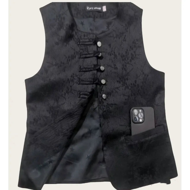 New Chinese Style Buckle Vest Coat For Women New Spring Autumn O-Neck Embroidery Sleeveless Jacket Fashion Jacquard Waistcoat