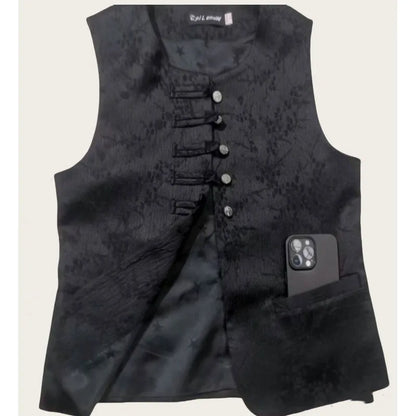 New Chinese Style Buckle Vest Coat For Women New Spring Autumn O-Neck Embroidery Sleeveless Jacket Fashion Jacquard Waistcoat