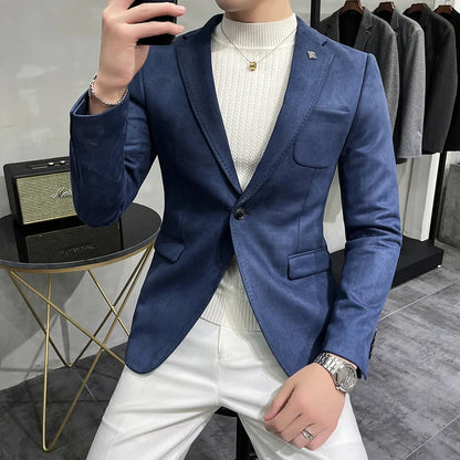 2023 Spring Suede Suit Jacket Men Casual Business Slim Fit Blazer Deerskin Leather Jacket Men Wedding Street Wear Social Coat