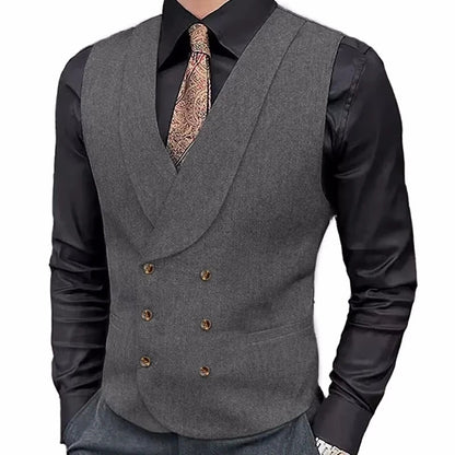 Men's Herringbone Double-Breasted Vest with Lapel – Brown Suit Waistcoat for Wedding & Formal Occasions
