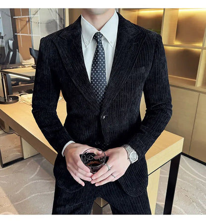 ( Jacket+Pants) Men Corduroy Suit Two-Piece Set High Quality Italian Style Business Suit Luxury Men Formal Wedding Groom Tuxedos