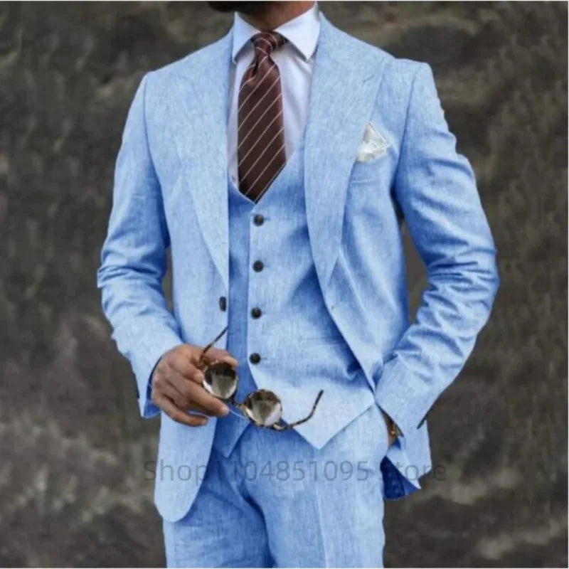 Costume de mariage 3 pièces en lin beige/bleu pour homme, costume de smoking d'été pour le marié, ensemble décontracté pour mariage sur la plage ou bal de promo, avec veste, gilet et pantalon