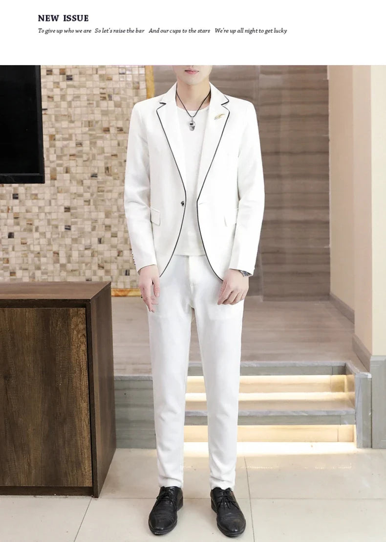 Men's Slim Fit Korean Style Two-Piece Suit Set – Smart Casual Polyester Suit for All Seasons