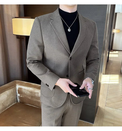 Plus Size 7XL-M ( Jacket+Pant）Autumn Winter Thickened Starry Sky Woolen Suit High Quality Slim Fit Business Social Casual 2 Pcs