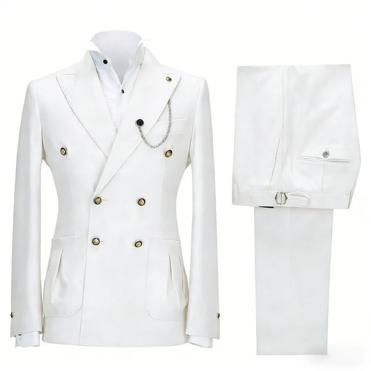 Men Suit 2 Pieces White Double Button With Pocket Solid For Wedding Banquet Birthday Party Business Work Daily Jacket With Pants