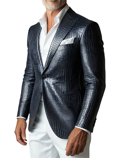 Men's Crocodile PU Leather Blazer Jacket Vintage Single Breasted Suit Coat Fashion Party Wedding Business Casual Outerwear