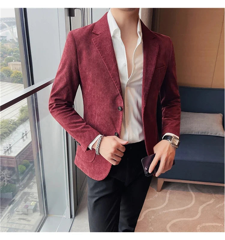 2023 Fashion Men's Corduroy Blazers Top Quality Business Casual Suit Jackets Slim Fit Wedding Groom Streetwear Social Dress Coat