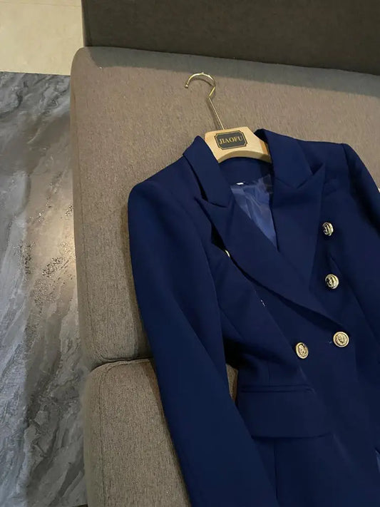 Elegant Blue Suit Jacket for Women Loose Style Commute Friendly Long Sleeve Double Breasted Coat A67 New Fall Collection