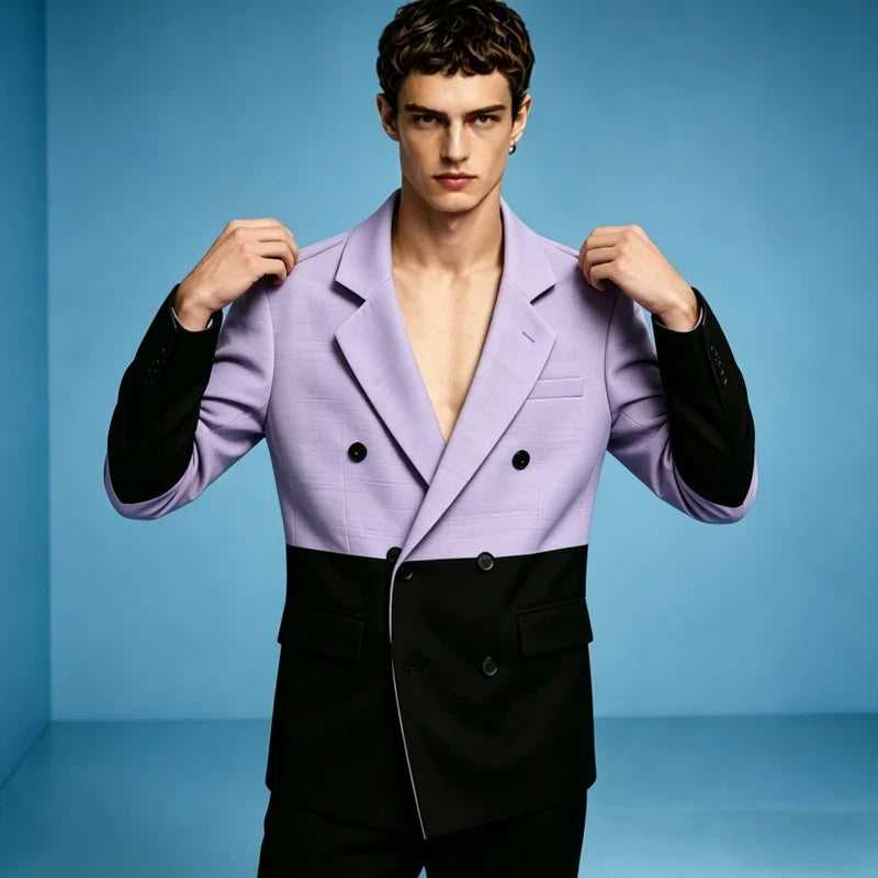 Men's Linen Color Block Blazer Double Breasted Notch Lapel Lightweight summer Sport Coat Fashion Jacket for Party & Streetwear