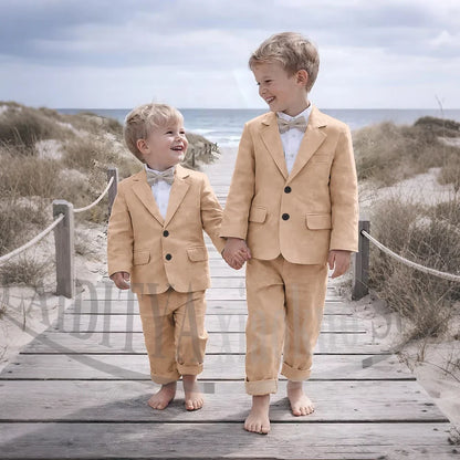 Beige Linen 2 Pieces Boys Suit Jacket Pants Kids Ring Bearer Outfit Breathable Summer Beach Wedding Birthday Party Costume