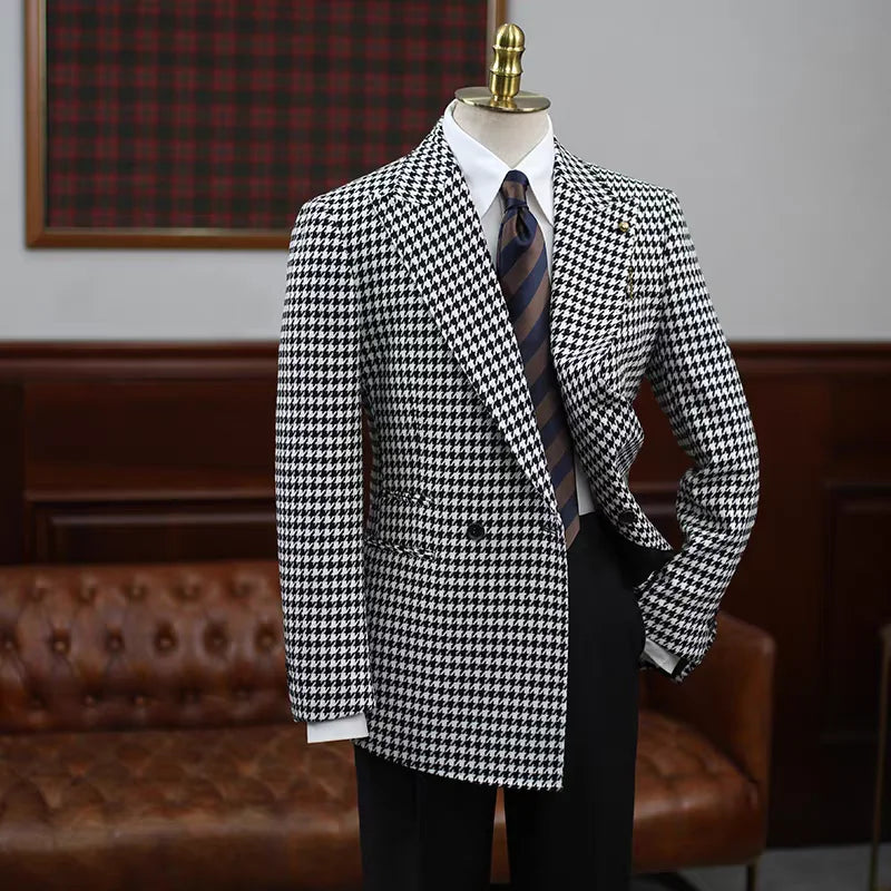 Plaid Houndstooth Men Suits Jacket With Belt Elegant Peaked Lapel Double Breasted Party Prom Blazer One Piecs For Formal Evening