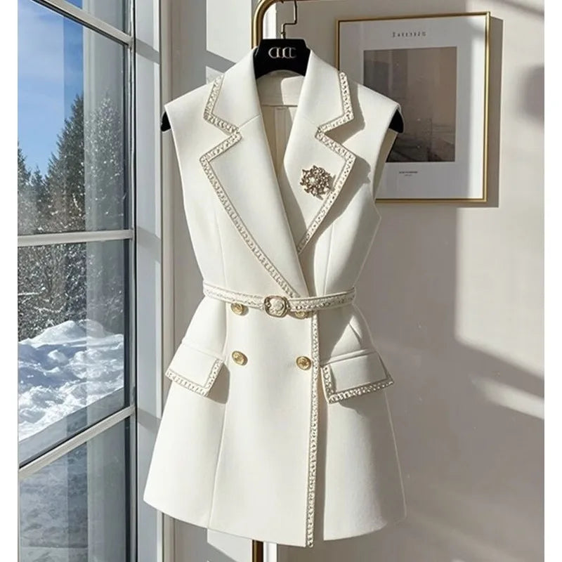 2 Piece White Jacket with Belt Summer Cotton Sleeveless Blazers Vest British Notched Double-breasted Office Lady Formal Elegant