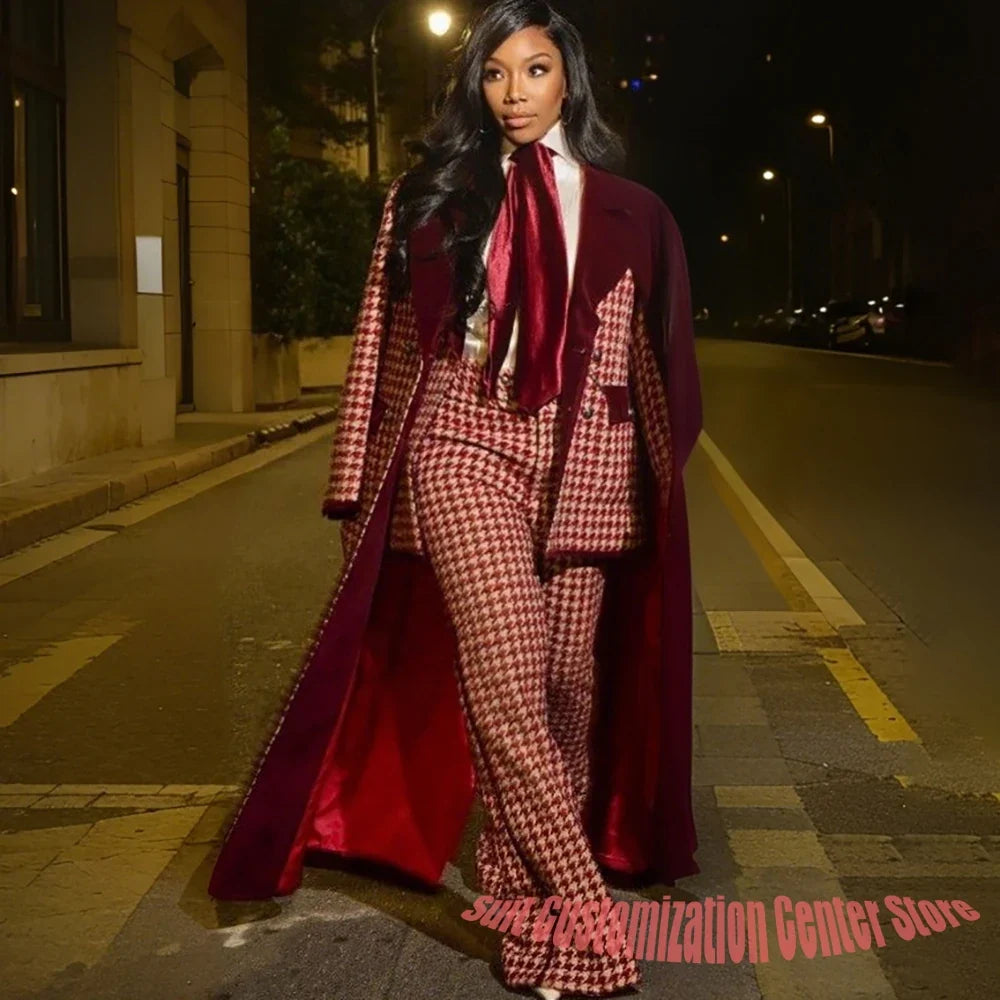 Luxury Houndstooth Women's Jacket+Pants Set Red Stylish Double Breasted Overcoat Formal 3 Pieces Female Evening Party Outfit