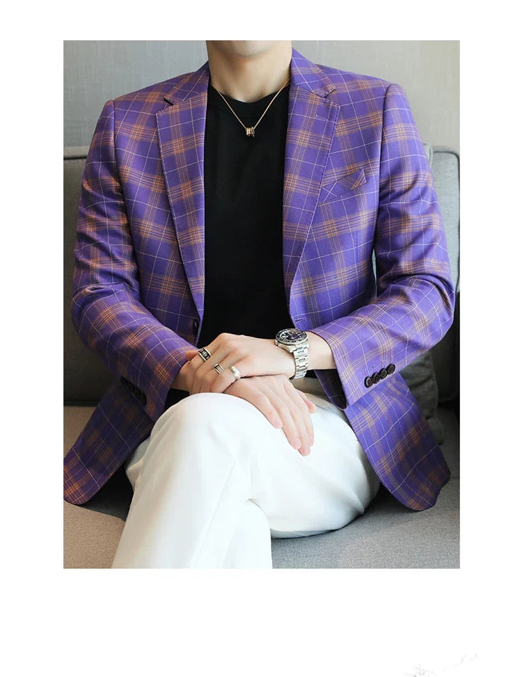 Checkered Suit Jacket for Men Single Breasted Casual Business Blazers Slim Fit Social Office Banquet Host Wedding Dress Jackets