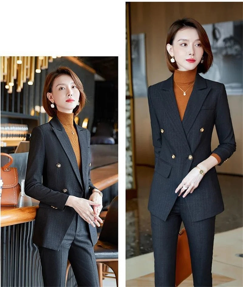 Elegant Office Ladies Two Piece Sets Womens Outifits 2025 New Double Breasted Long Sleeve Blazers Loose Casual Pant Suits