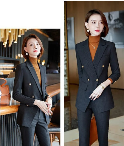 Elegant Office Ladies Two Piece Sets Womens Outifits 2025 New Double Breasted Long Sleeve Blazers Loose Casual Pant Suits