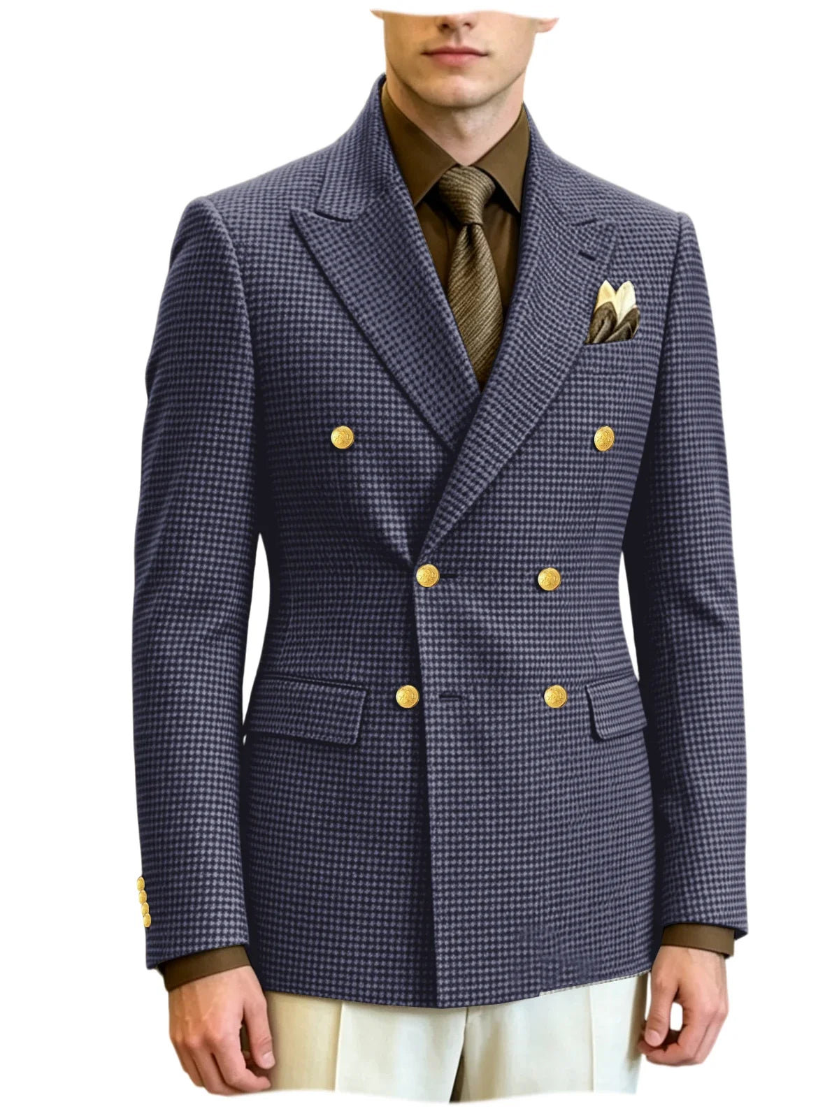 Men's Houndstooth Double Breasted Blazer Vintage Slim Jacket  Fit Formal Business Wedding Party Coat For Men Autumn Winter