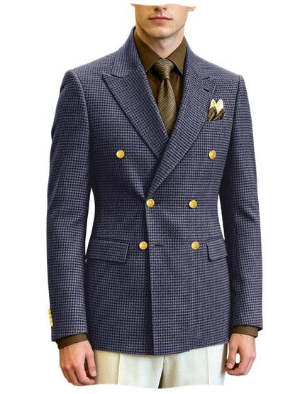 Men's Houndstooth Double Breasted Blazer Vintage Slim Jacket  Fit Formal Business Wedding Party Coat For Men Autumn Winter