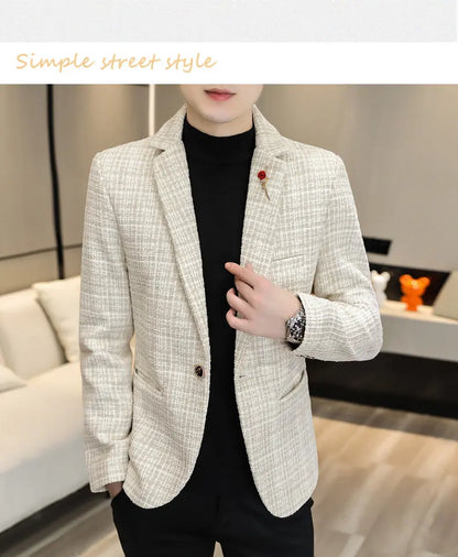 Korean Fashion Woven Suit Jacket for Men Autumn Slim Fit Casual Men Blazers Street Wear Social Business Dress Coats Men Clothing
