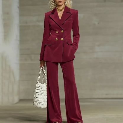 Luxury Women Yellow Velvet Clothing Double-Breasted Blazer+Pants Sets Elegant Winter Daily Suit Slim Fit Office Outerwears
